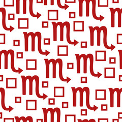 Seamless pattern of dark red silhouettes of the zodiac sign scorpio and squares of different sizes on a white background