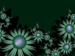 Green fractal image as background with flower. Creative element for design. Fractal flower rendered by math algorithm. Digital artwork for creative graphic design.