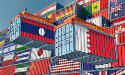 Freight containers with Laos and Bahrain flag. 3D Rendering 