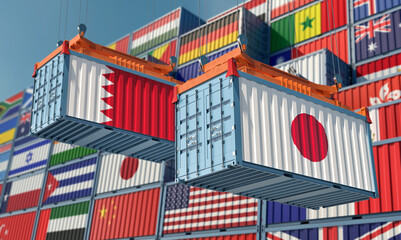 Freight containers with Japan and Bahrain flag. 3D Rendering 