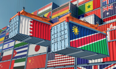 Fototapeta na wymiar Freight containers with Namibia and Bahrain flag. 3D Rendering 