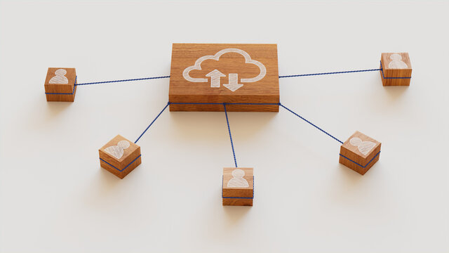 Data storage Technology Concept with cloud Symbol on a Wooden Block. User Network Connections are Represented with Blue string. White background. 3D Render.