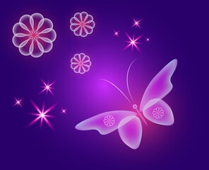 Glowing image with magic butterflies. Transparent reflective background for graphic design. Neon purple pictures.