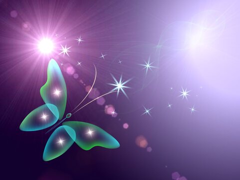 Glowing image with magic butterflies. Transparent reflective background for graphic design. Neon green  pictures.