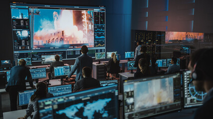 Group of People in Mission Control Center Witness Successful Space Rocket Launch. Flight Control...