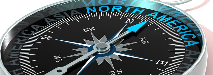 Compass needle pointing to word North America