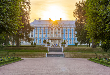 Catherine palace and park in Tsarskoe Selo (Pushkin) at sunset, Saint Petersburg, Russia