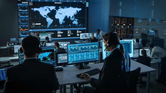 Female Specialist Works on a Computer with Live Ananlysis Feed from a Global Map on a Big Digital Screen. Employees Sit in Front of Displays with Financial Stock Market Trading Info and Big Data. - Powered by Adobe