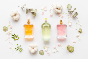 Perfumery cosmetics set of perfume bottles and flowers