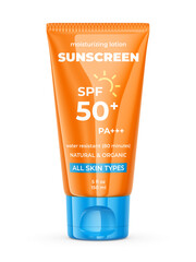 Sun protection lotion with SPF 50. Orange tube contaiber with sunscreen