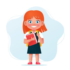 school girl character in uniform with book and backpack. Cute child, back to school concept. Cartoon vector illustration