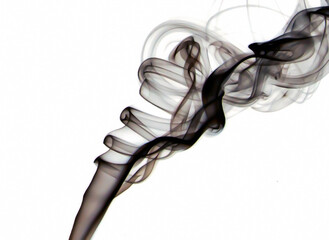 Macro closeup of black smoke floating into the air isolated on white - Concept of toxic cigarette smell, chemical environment pollution, scented fragrance smell or mystical dangerous gas fume