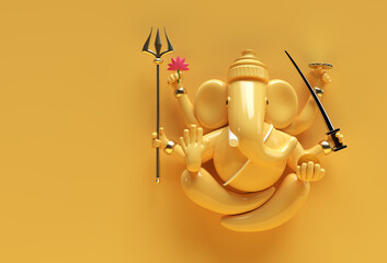Hindu God Ganesha Statue- Hindu Religion Festival Concept Elephant. 3D Render illustration. - obrazy, fototapety, plakaty