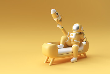 3d Render Spaceman Astronaut Sitting on Sofa with Flying Rocket 3d illustration Design.