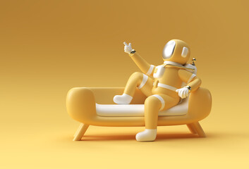 3d Render Spaceman Astronaut Sitting on Sofa with Flying Rocket 3d illustration Design.
