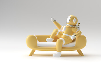 3d Render Spaceman Astronaut Sitting on Sofa with Flying Rocket 3d illustration Design.