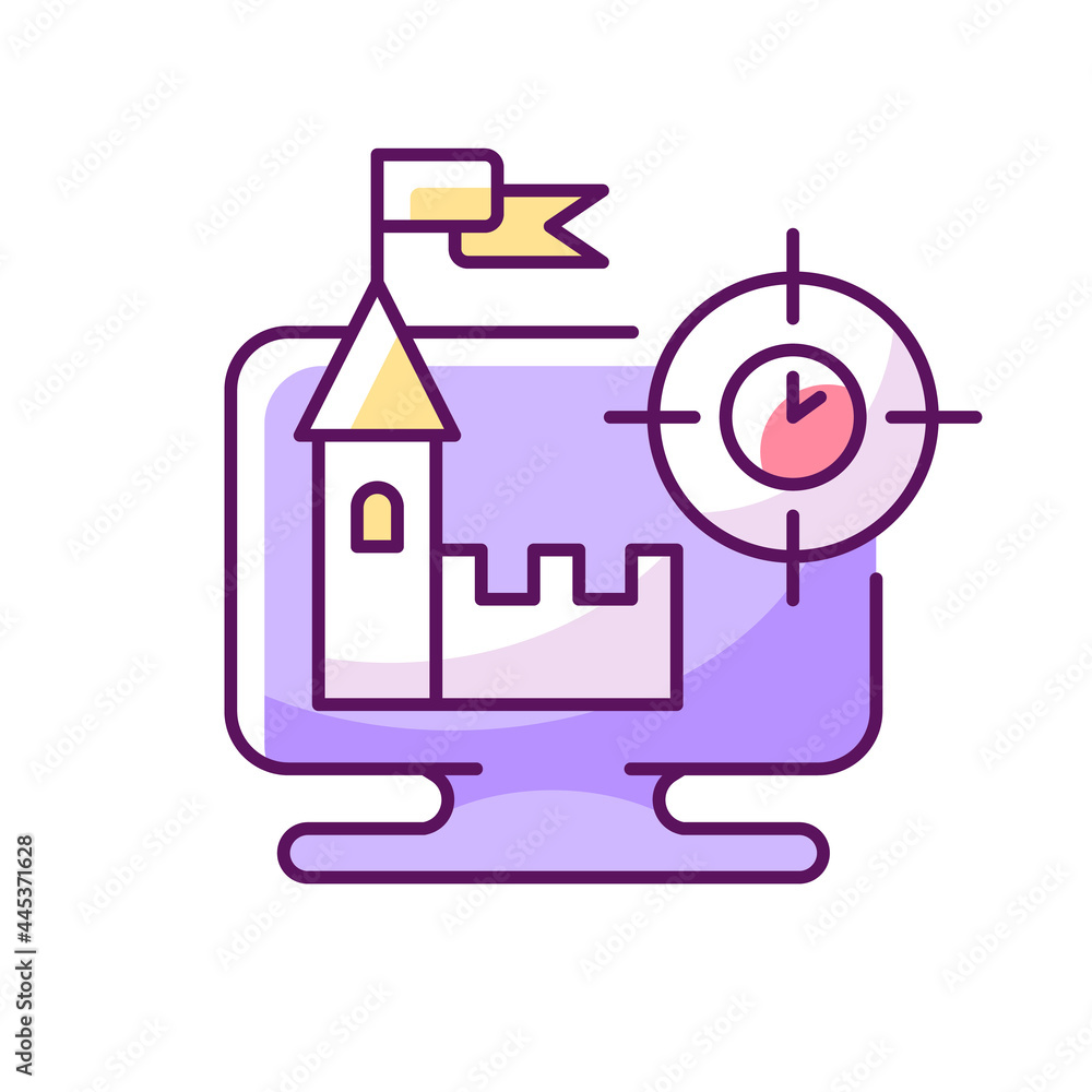 Poster real time strategy game rgb color icon. isolated vector illustration.. player controling units on di