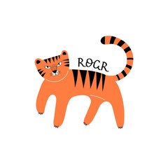 roar. cartoon tiger, hand drawing lettering. flat style, colorful vector for kids. baby design for cards, poster decoration, print