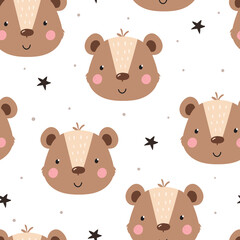 Seamless pattern cute character - animal baby bear. Vector print for baby shower. Printable templates