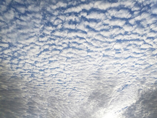 Sky background with cirrocumulus. Texture of white clouds, rounded like cotton flakes. Stormy skies in the French West Indies. beautiful clouds on sky. Meteorology and weather forecasting.