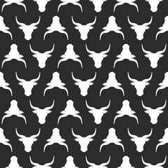 Seamless ornament with bull head. Ox, cow pattern. Farm Animal.