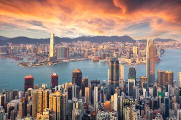 Hong Kong at sunset, China skyline