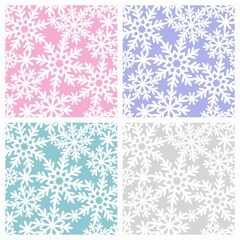 Set of seamless patterns with white snowflakes. Christmas, winter, snowfall theme. Pink, purple, green and gray backgrounds. Endlessly repeating textures for fabrics, pillow, wrapping paper, wallpaper