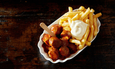 Currywurst with yummy fries and mayonnaise in bowl