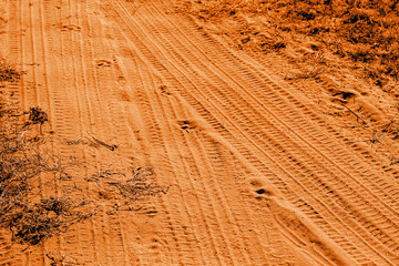 A dry road of sand mixed with orange clay with various traces. On the sunset. Selective focus.