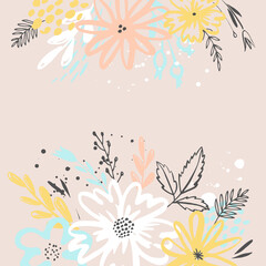 Vector background with hand painted plants in pastel colors. Greeting card, poster. Decorative floral design elements.