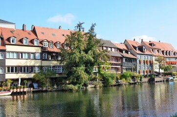 Fototapeta na wymiar The historic quarter on the shore of Regnitz river at Bamberg, Germany