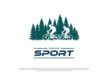 Bike or Bicycle with Pine Cedar Conifer Fir Evergreen Tree Forest for Sport Club Logo Design Vector