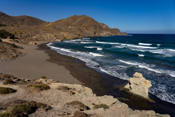 Panoramic view of cliffs and beaches in the Gata Cape Natural Park coast near San José. Almería, Andalucía, Spain.