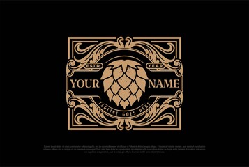 Old Vintage Green Hop for Craft Beer, Brewing or Brewery Label Logo Design Vector