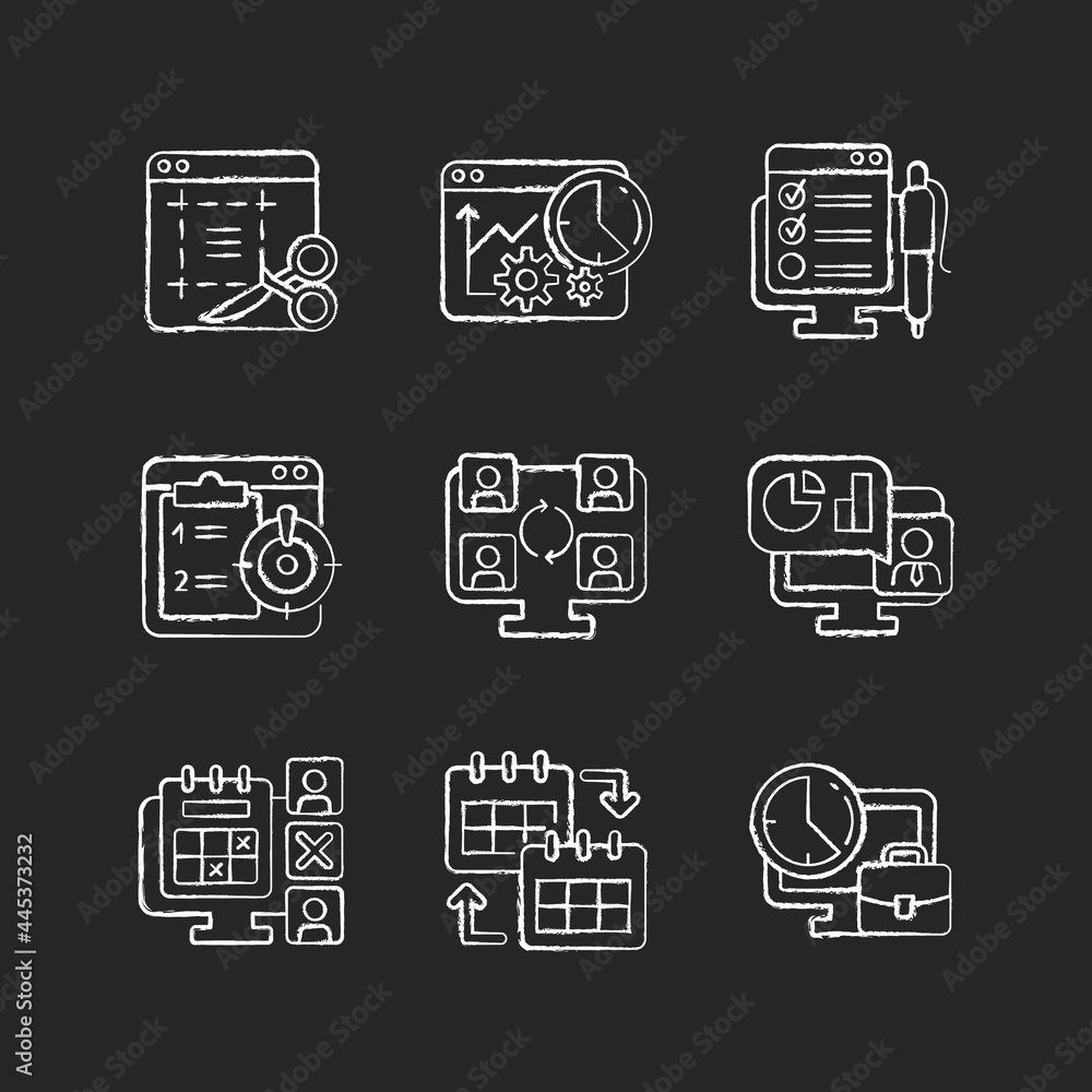 Aufkleber work monitoring tools chalk white icons set on dark background. project evaluation. productivity con