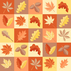 Fototapeta na wymiar Seamless pattern with bright autumn leaves. Square background. Autumn time. Vector.
