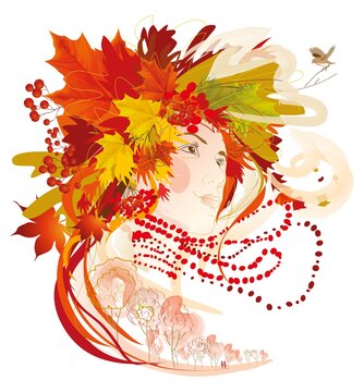 bright girl autumn is beautiful with rowan leaves maple birds alea