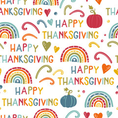 Cute hand written Thanksgiving seamless pattern, doodle letters with decoration, great for textiles, banners, wallpapers, wrapping - vector design