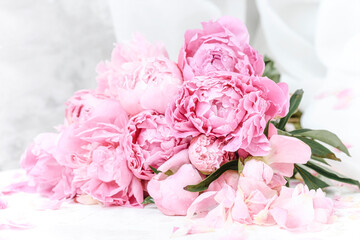 Bouquet of beautiful pink flowers. Peonies close-up. Selective focus image