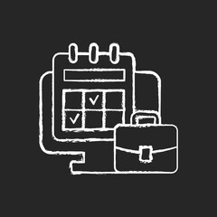 Online work calendar chalk white icon on dark background. Schedule business dates and events. Planning for professional project. Tracker on computer. Isolated vector chalkboard illustration on black