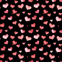 Red hearts painted in watercolor, seamless pattern on black isolated background. For Saint Valentine's Day and wedding decoration.