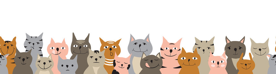 Horizontal seamless pattern with colorful cats. Ginger, grey and pink cats with different facial expressions. Design for frames or borders. Vector illustration in doodle style
