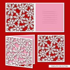 Christmas card with carved ornament. Background from snowflakes. Template for congratulations, invitations to the winter party, New Year's holiday. Vector model for plotter laser cutting paper, cnc.