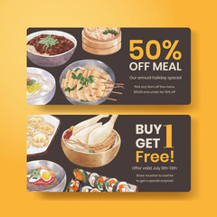 Voucher template with Korean foods concept,watercolor style