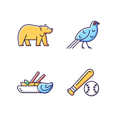 Taiwan national RGB color icons set. Isolated vector illustrations. Formosan black bear. Mikado pheasant gamebird. Traditional thai cuisine. Baseball league simple filled line drawings collection