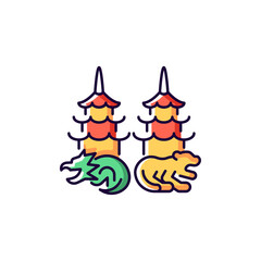 Dragon and tiger pagodas RGB color icon. Isolated vector illustration. Chinese cultural values. Asian traditional architecture element simple filled line drawing