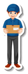 A sticker template with courier man in uniform holding boxes