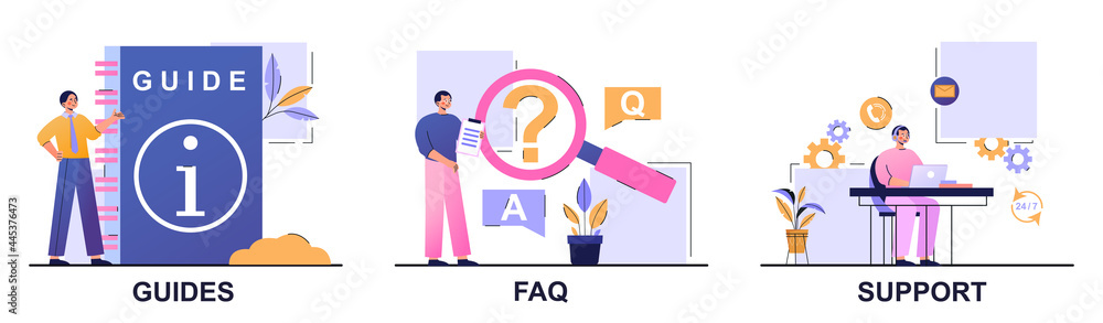 Poster website menu concept. guides, faq and support. men provide users with information, answer the most f