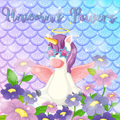 Obraz na płótnie Canvas Cute unicorn on rainbow fish scales background