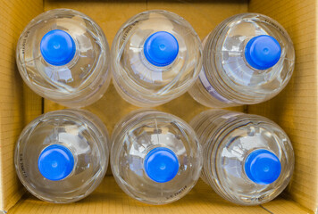 Bottle of water in top view for pack of six in blue cap the carton box.